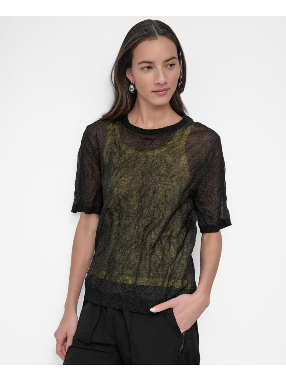DKNY Women Layered Top T-Shirt Crewneck cotton Black daffodil Size XS $109 SALE